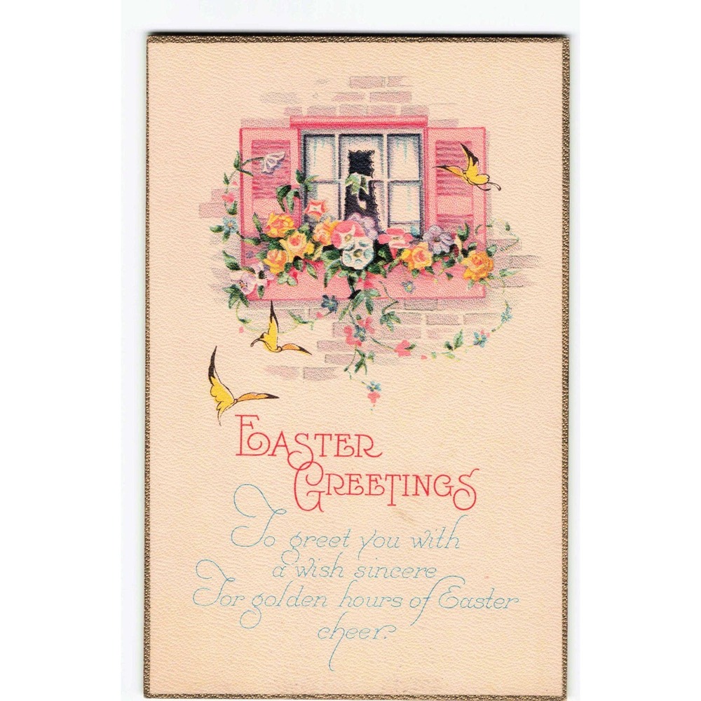 Easter Postcard Pink Shutters Flower Window Box Yellow Birds Series 1101A